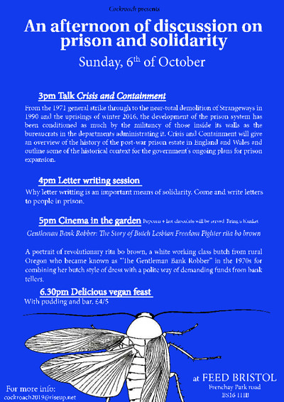 Afternoon of discussion on prison and solidarity at Feed Bristol - Frenchay Park Road, BS16 1HB