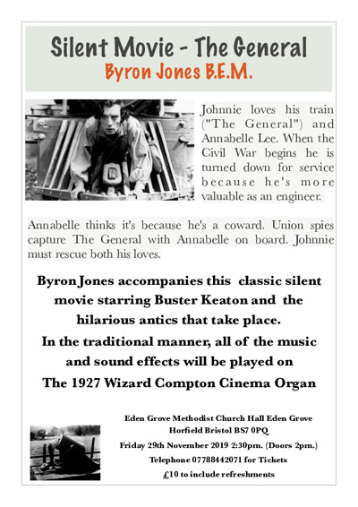Silent Movie "The General" Buster Keaton at Eden Grove Church Hall Horfield BS7 0 PQ