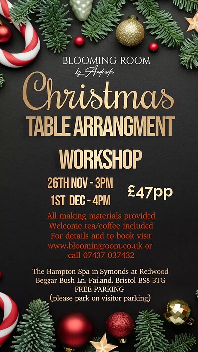 Christmas Tabble Arrangement Workshop at The Hampton Spa in Symonds at Redwood Beggar Bush Ln, Bristol, BS8 3TG